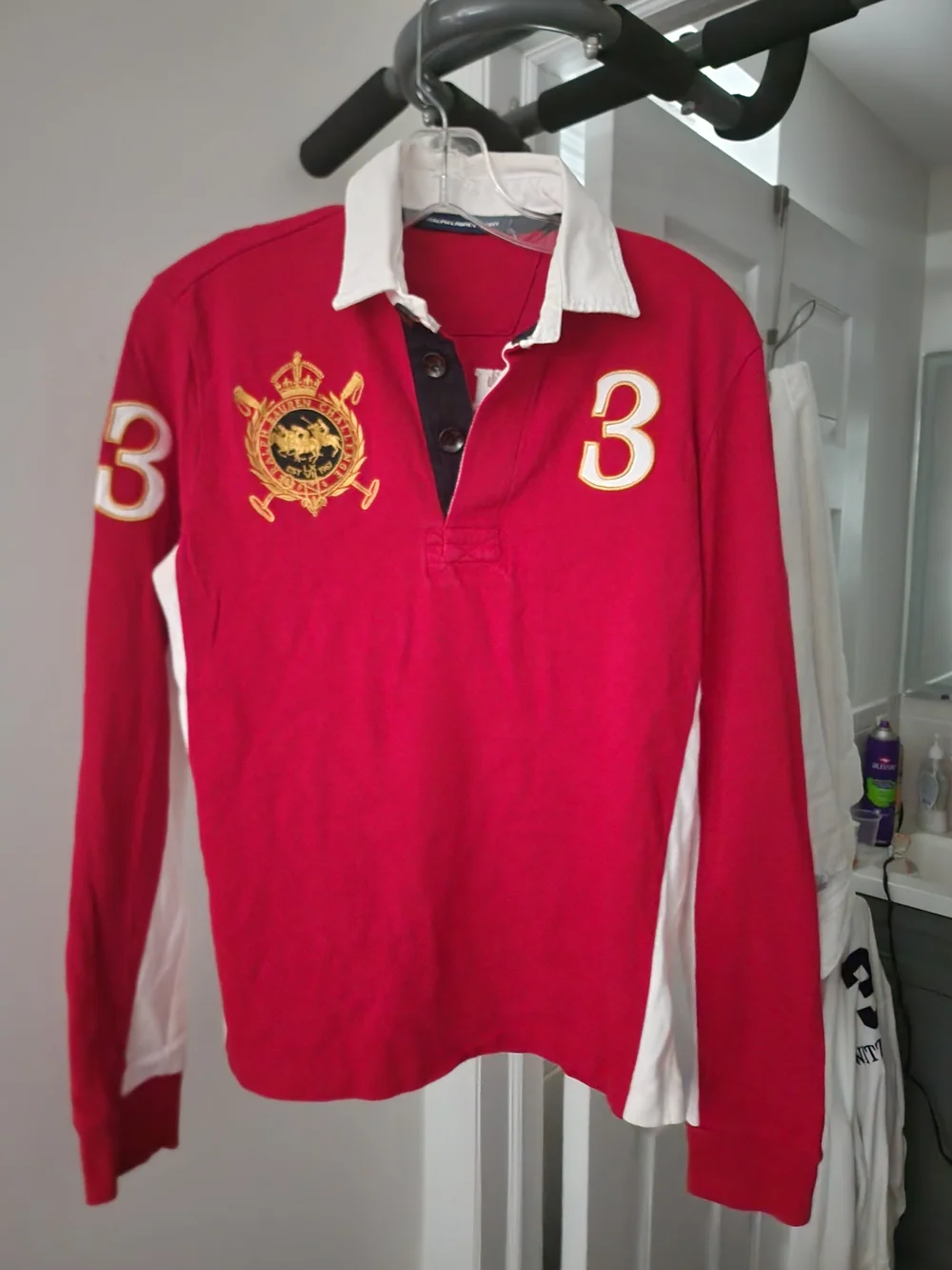 Ralph Lauren Red Long-Sleeve Rugby Polo with White Panels and Gold Crest